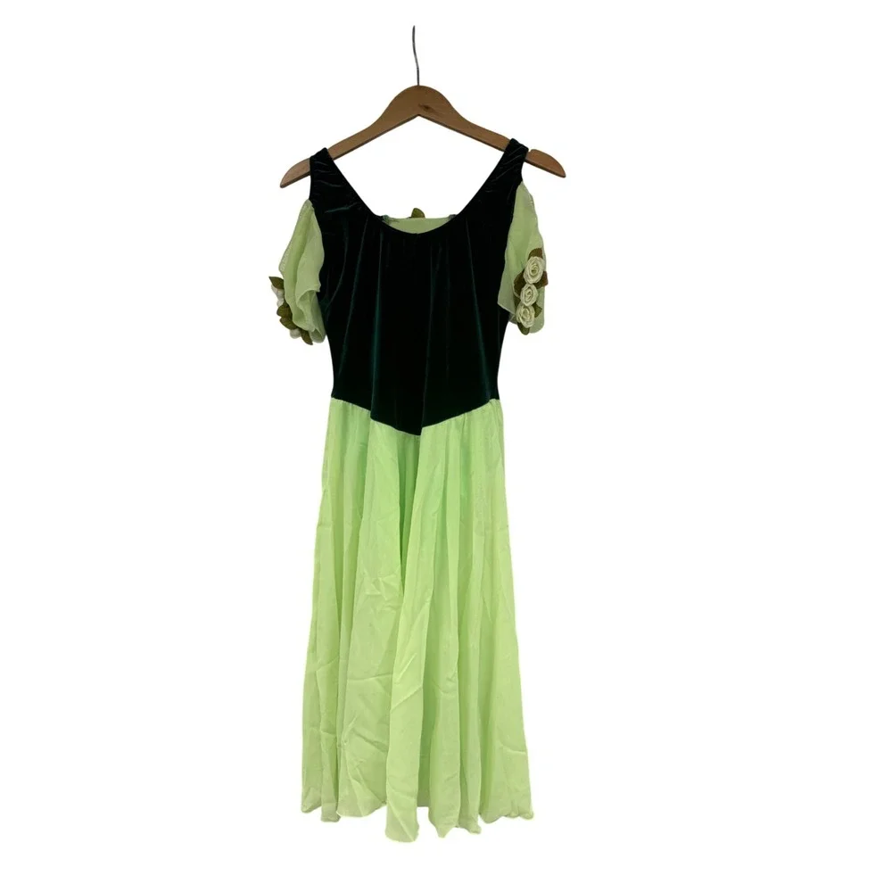 ArtStone Green Velvet Chiffon Dance Costume Floral Leotard Dress Adult Medium